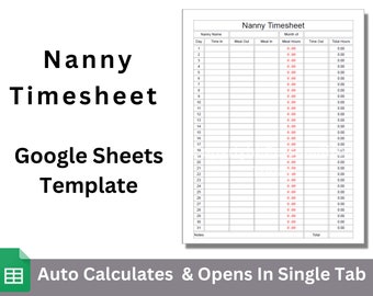 Nanny Timesheet Google Sheets Template Editable Spreadsheet With Item, Tax and Discount Total Calculations