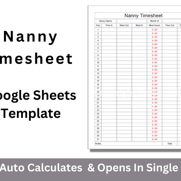 Daily Monthly Nanny Timesheet Google Sheets Template Editable Spreadsheet With Hours Calculations