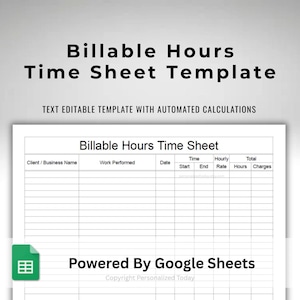 Billable Hours Time Tracker Hours Worked Employee Timesheet Chart Calculator Text Editable Google Sheets Template US Letter Size Printable