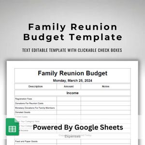 Family Reunion Budget Planner Family Get Together Dues and Costs Calculating Spreadsheet Google Sheets Template Text Editable and Printable