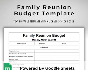 Family Reunion Budget Planner Family Get Together Dues and Costs Calculating Spreadsheet Google Sheets Template Text Editable and Printable