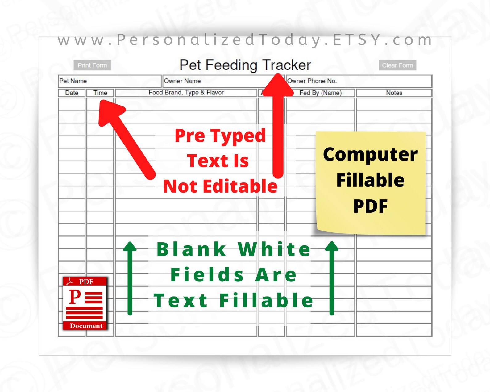 Pet Feeding Tracker Fillable and Print and Write PDF Files US Etsy