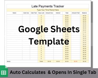 Late Payments Tracker Google Sheets Editable Spreadsheet Template With Days Late and Automatically Calculated Dollar Amount Totals