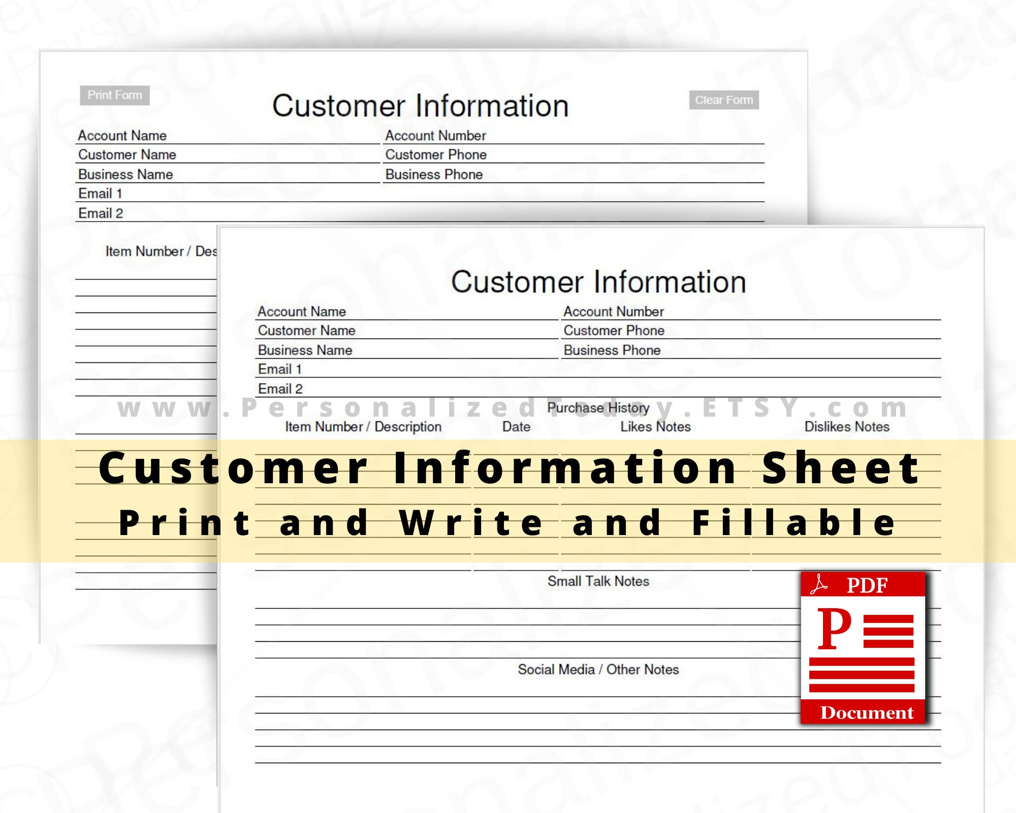 Sales Lead Form Customer Information Sheet Fillable and Print | Etsy