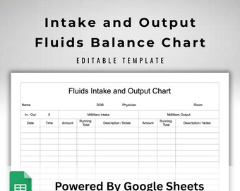 One Patient Fluids Balance Chart - Liquids Intake and Urine Output Chart - Editable Google Sheets Template - Auto Running Total Calculations