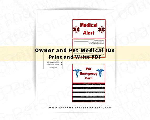Printable Medical Alert and Pet ID Cards Set of 2 for You and | Etsy