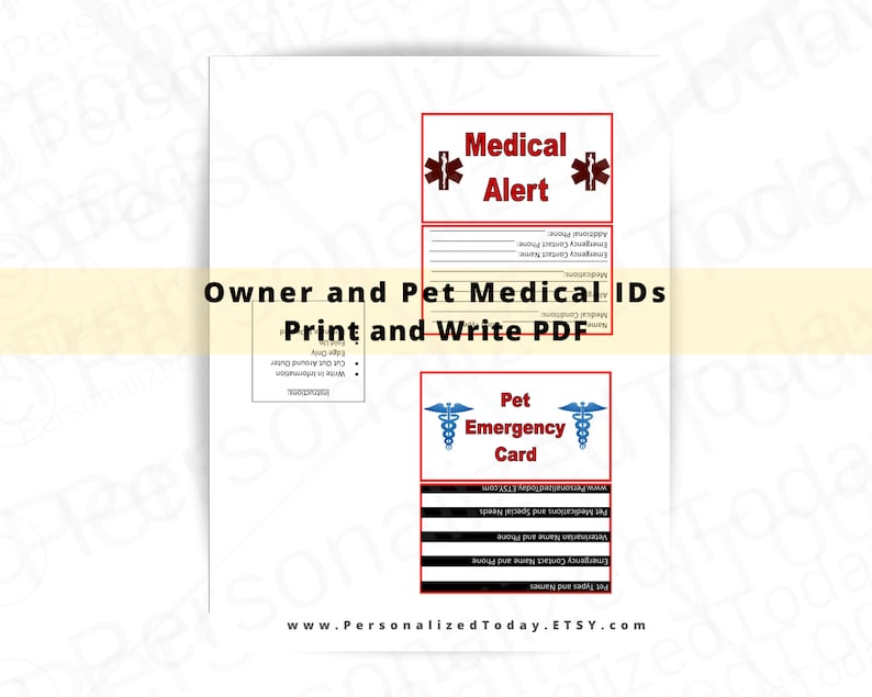 Printable Medical Alert and Pet ID Cards Set of 2 for You and - Etsy