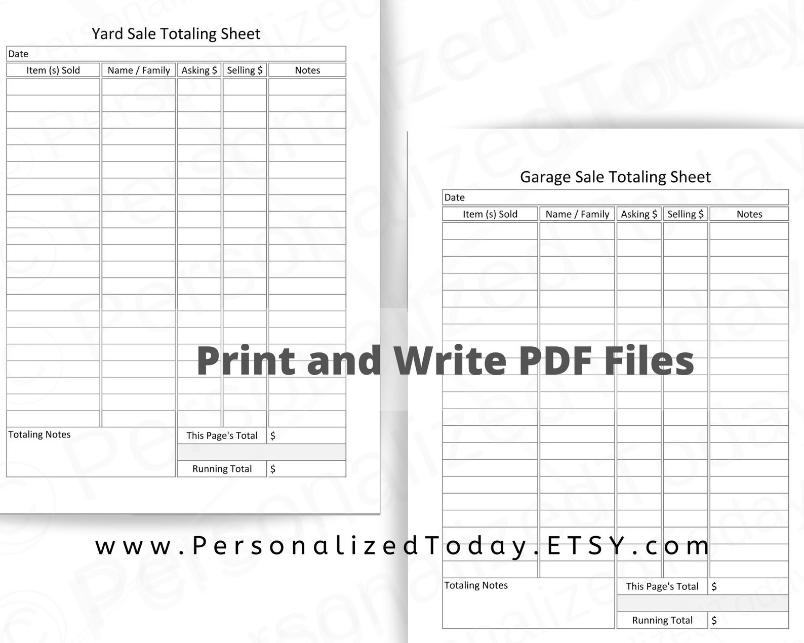 Printable Garage Sale and Yard Sale Money Totaling Sheets PDF | Etsy
