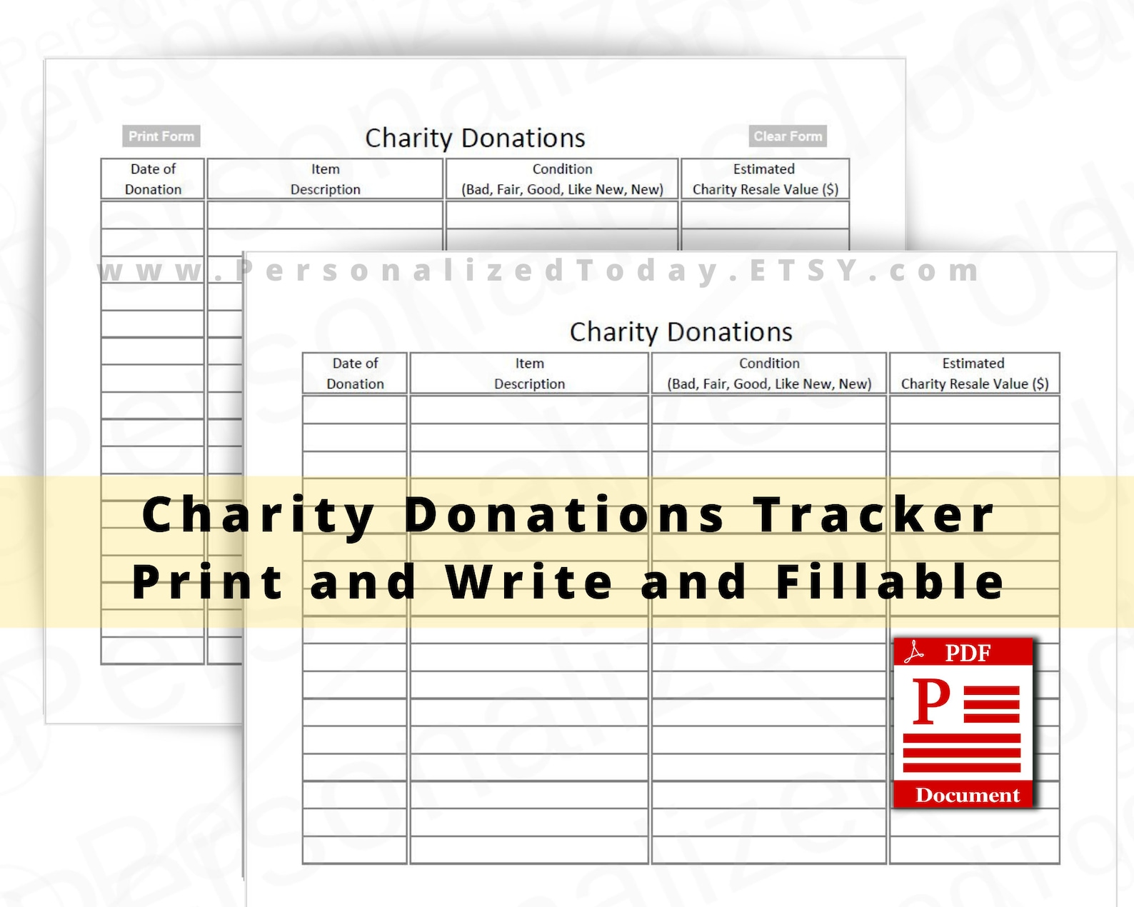 Charity Donations Tracker Printable Fillable PDF US Letter Etsy