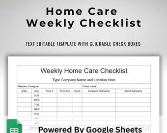 Daily Weekly Home Care Checklist And Timesheet Caregiving Sunday Start Hours Tracker and Caregiver Tasks With Daily Check Boxes Google Sheet