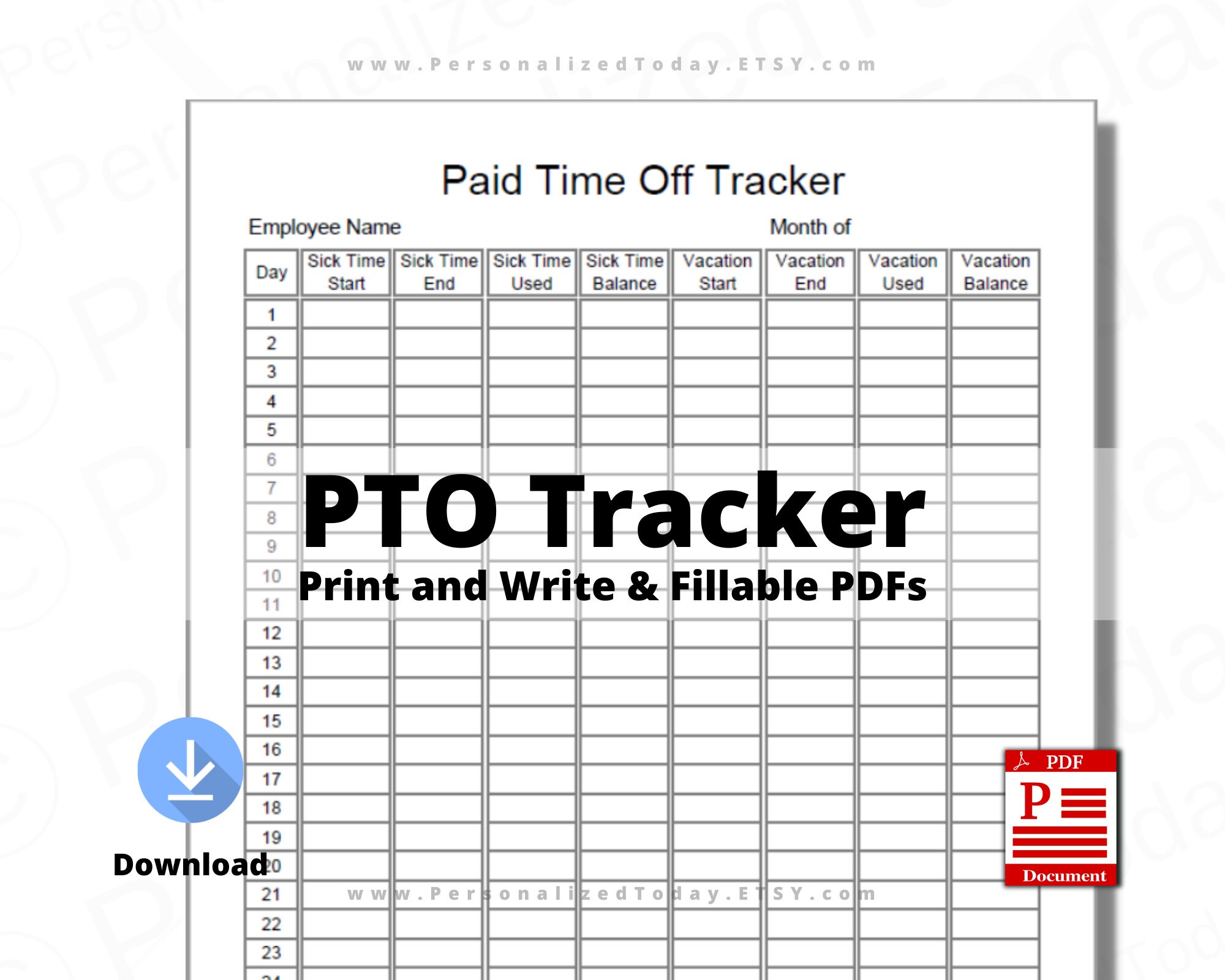 Employee Paid Time Off Tracker Fillable And Printable PDF Etsy