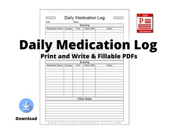 Morning and Evening Medication Tracker With Notes Section Fillable and Print and Write PDF Files US Letter Size