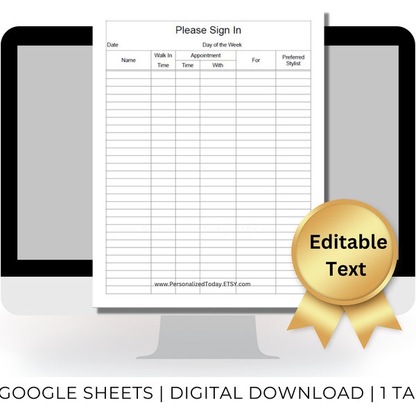 Salon or Barber Sign In Sheet Google Sheets Template Text Editable / Fillable With Date Selection Calendar Printable As US Letter Size