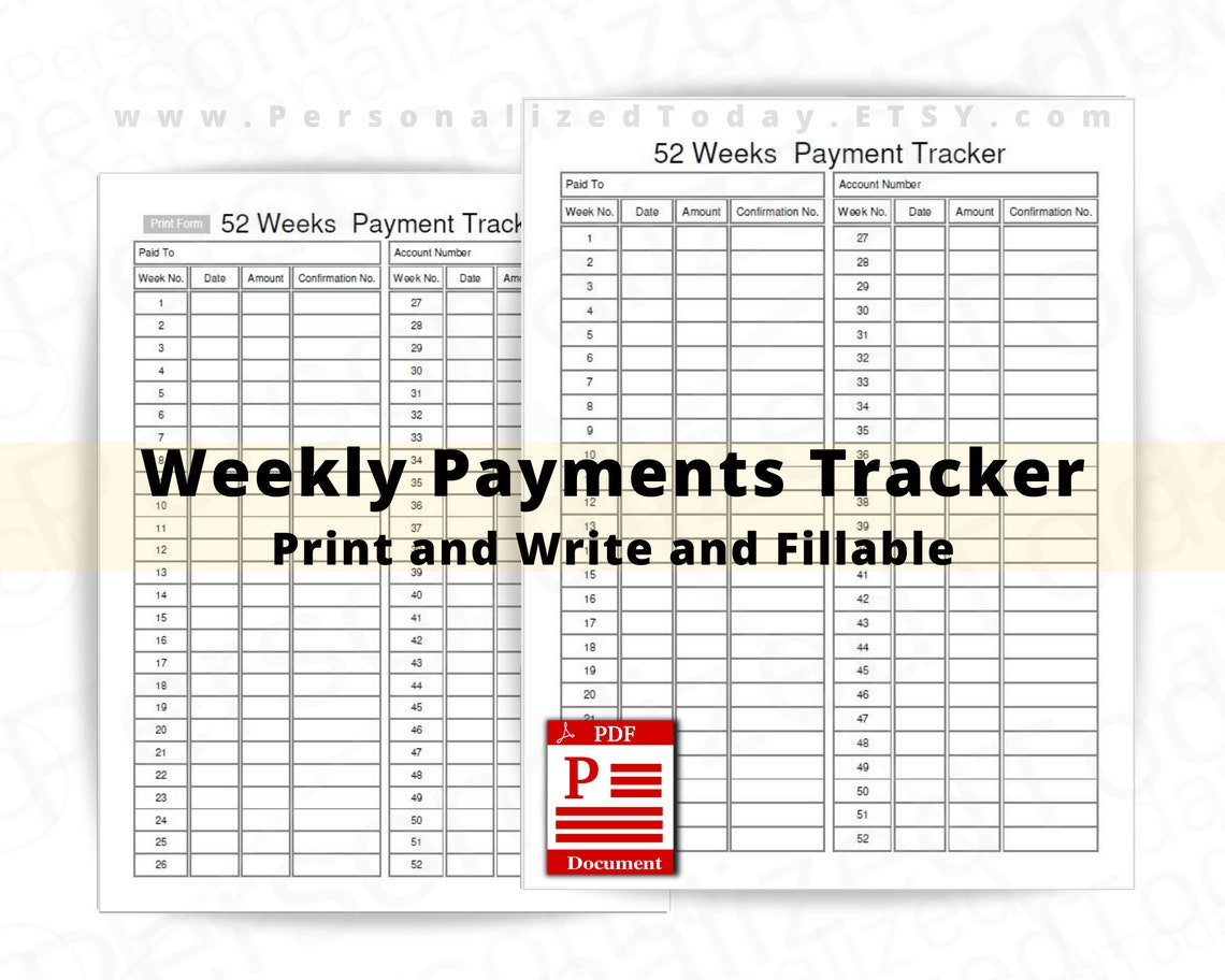 Weekly Payments Tracker Fillable and Print and Write PDF Etsy