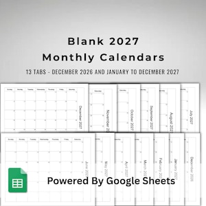 Könnte beinhalten: Ein digitales Monatskalender-Set für 2027 mit 13 Reitern, die den Zeitraum von Dezember 2026 bis Dezember 2027 abdecken. Die weißen Rasterlayouts enthalten Wochentagsüberschriften, basieren auf Google Sheets und zeigen deutliche Monatsbeschriftungen.