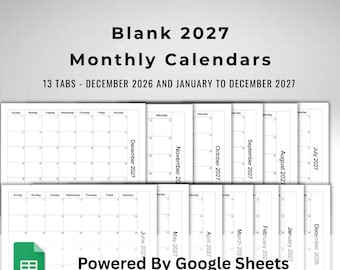 Google Sheets 2027 Monthly Calendars Text Fillable / Text Editable Spreadsheet Template With One Tab For Each of the 12 Months