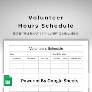 Google Sheets Volunteer Community Service Hours Tracker Text Fillable / Text Editable Spreadsheet Form - Automated Hours Totals Calculation