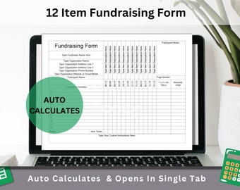 Google Sheets 12 Item Fundraiser Template Text Fillable / Text Editable Spreadsheet Form With Automated Calculations