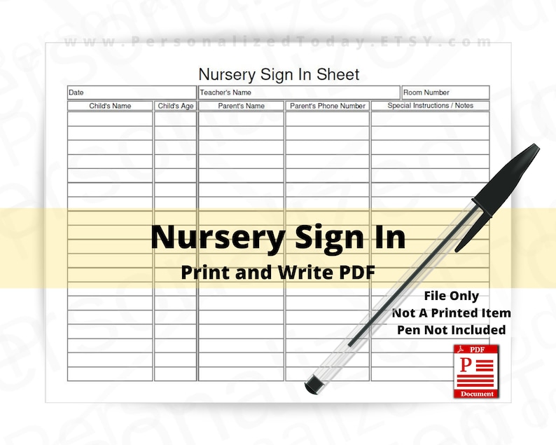 Church Nursery Sign in Sheet Fillable and Print and Write PDF Etsy