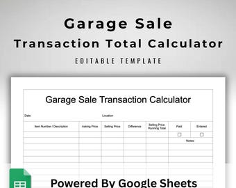 Garage Sale Buyer Totals Tracker - Google Sheets Template - Multi Item Purchase Tracker - Yard Sale Cashier Ledger