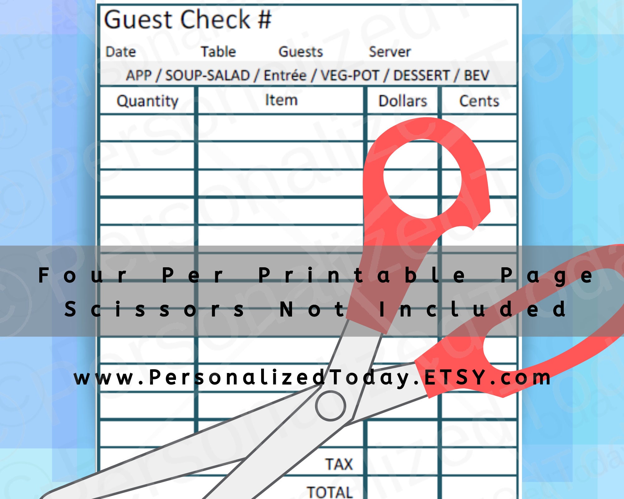 Printable Restaurant Guest Check Takeout to Go Delivery or Eat - Etsy