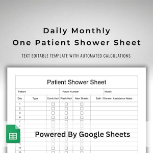 Google Sheets Monthly Patient Shower Sheet Text Fillable / Text Editable Spreadsheet Template With Drop Down Menu and Clickable Check Boxes