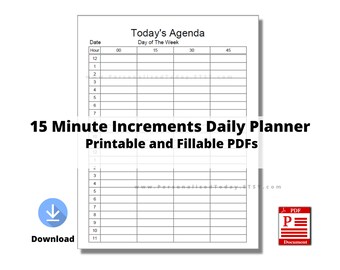 Printable Daily Planner With 15 Minute Time Slots PDF Digital Downloads Print and Write & Text Fillable US Letter Size