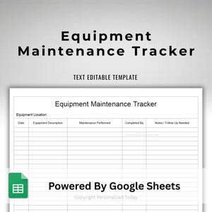 Equipment Maintenance Tracker Text Editable Repair and Preventative Service Record Log Template For Google Sheets US Letter Size Printable