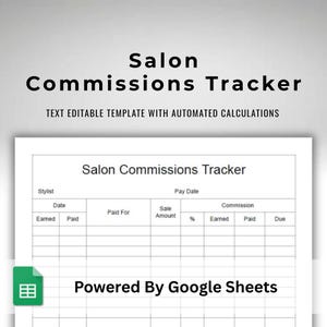 Editable Google Sheets Salon Commission Tracker - Stylist Revenue Share Percentage Spreadsheet - Auto Calculating Template - US Letter Size