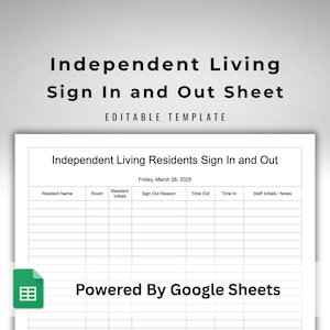 Può includere: Un modello bianco di foglio di registrazione e uscita per la vita indipendente con il testo "Independent Living Sign In and Out Sheet" e "Editable Template". Il foglio include campi per il nome del residente, la stanza, le iniziali, il motivo dell'uscita, l'ora di uscita, l'ora di rientro e le iniziali dello staff.
