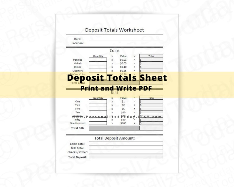 Cash and Checks Deposit Tracking Sheet For Coin Change Dollar Etsy