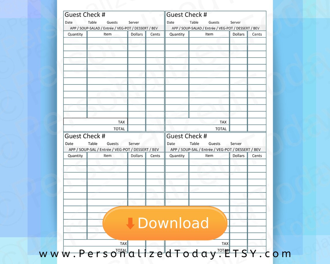 Printable Restaurant Guest Check Takeout to Go Delivery or Eat - Etsy