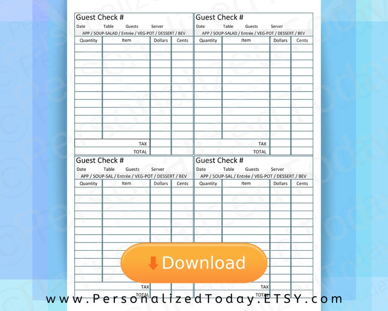 Printable Restaurant Guest Check Takeout to Go Delivery or Eat Etsy