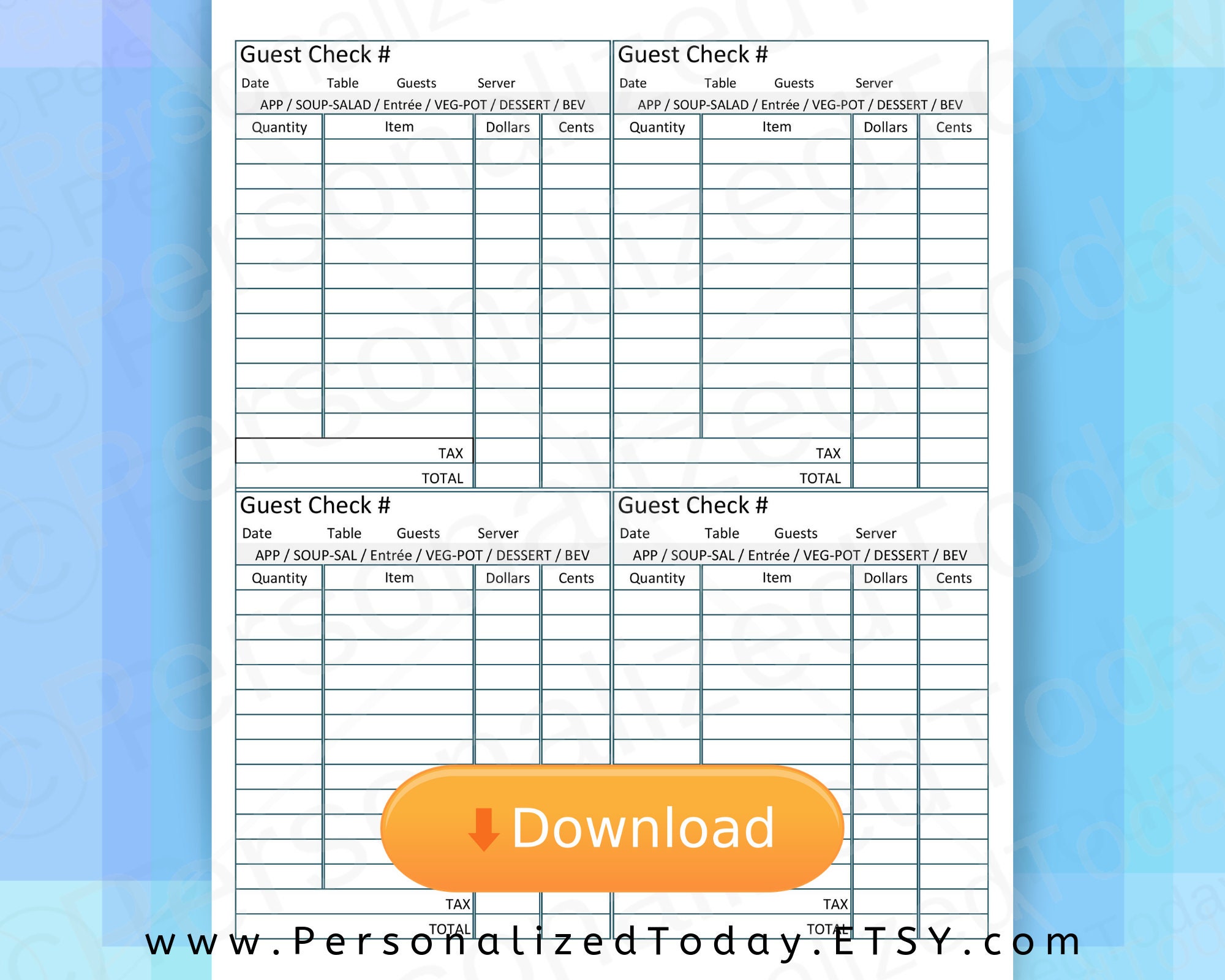 printable restaurant guest check takeout to go delivery or eat etsy