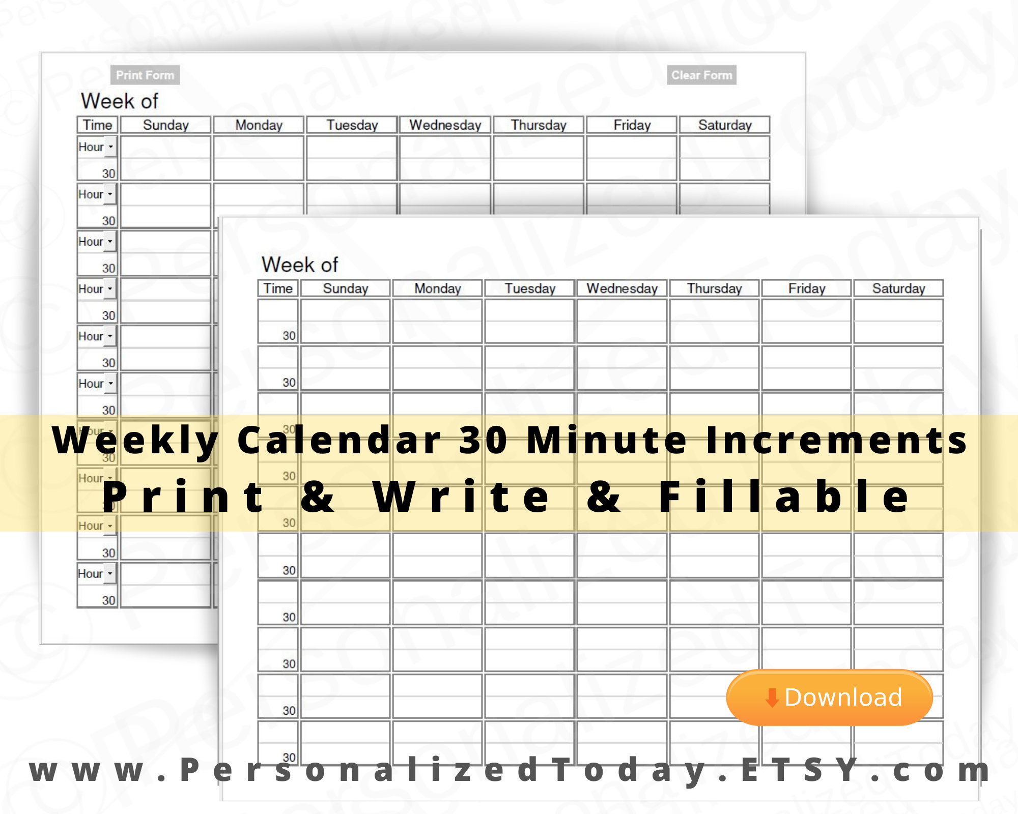 Weekly 30 Minute Time Increments Planner Fillable Editable and Etsy