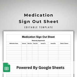 Pode incluir: Um modelo de folha de saída de medicamentos branco com o texto "Medication Sign Out Sheet" e "Editable Template". A folha inclui campos para o nome do medicamento, quantidade, data, hora e informações do paciente. O logotipo do Google Sheets está no canto inferior esquerdo.