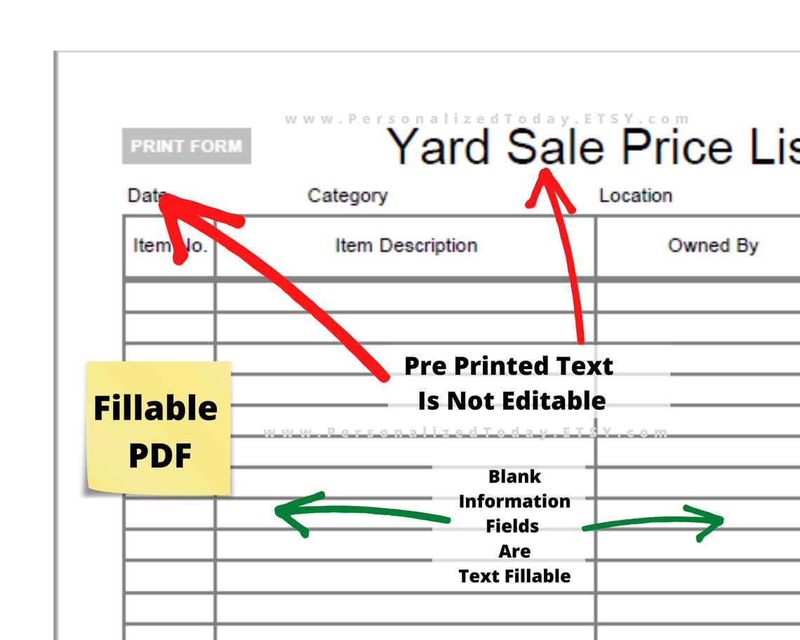 Yard Sale Prices List Fillable and Print and Write PDF Digital Etsy