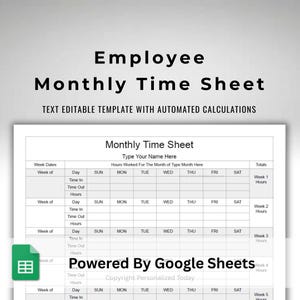 Google Sheets Monthly Clock In and Out Time Sheet - Weekly and Monthly Hours Log - Auto Calculations Timesheet - Sign In and Out Form