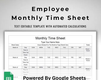 Google Sheets Monthly Clock In and Out Time Sheet - Weekly and Monthly Hours Log - Auto Calculations Timesheet - Sign In and Out Form