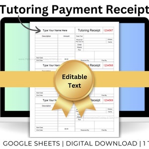 Editable Tutor Receipt Template - Google Sheets Digital Download - 3 Receipts Per Page - Customizable - Auto Calculated Total