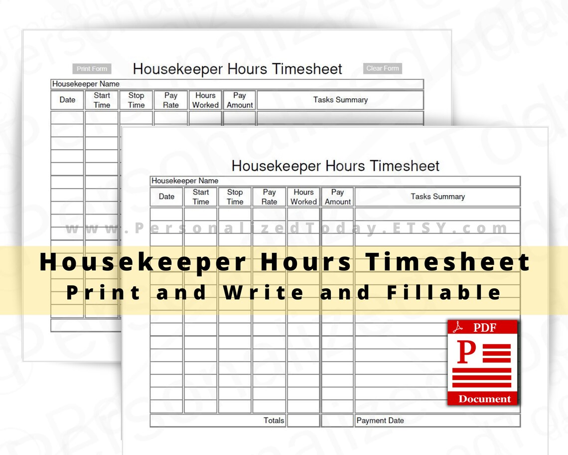 Housekeeper Hours Timesheet Fillable and Print and Write PDF | Etsy