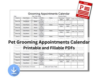 Printable Dog Grooming Business Appointments Calendar Schedule Printable Only & Text Input Fillable PDF Files US Letter Size Not A Template
