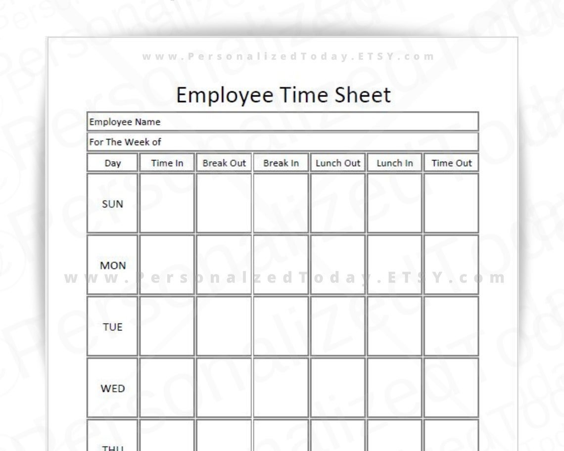 Weekly Employee Timesheet Log With Breaks and Lunch Printable and Input