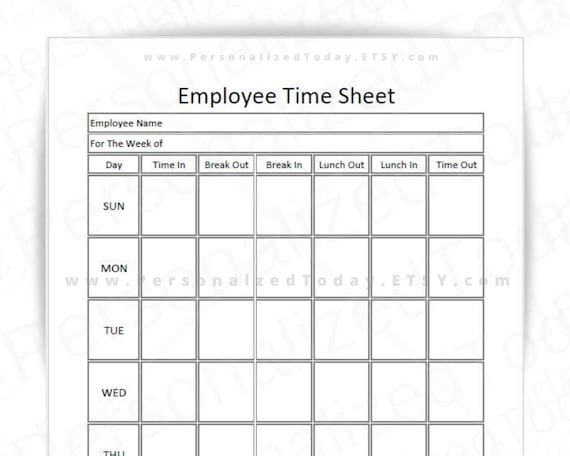 weekly employee timesheet log with breaks and lunch printable etsy