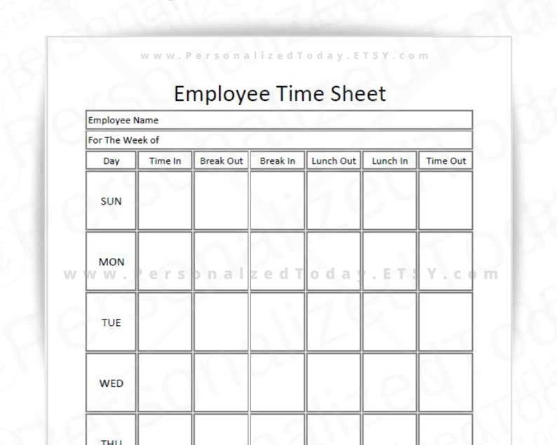 Weekly Employee Timesheet Log With Breaks and Lunch Printable and Input