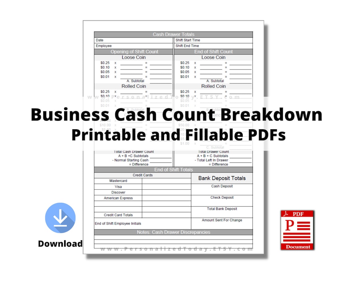 Printable Business Cash Register Drawer Count Breakdown Sheet Print and