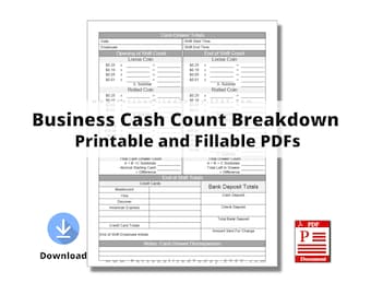 Printable Business Cash Register Drawer Count Breakdown Sheet Print and Write and Fillable PDF Digital Downloads US Letter Sizes