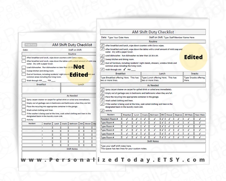 Assisted Living Shift Checklists for A.M., P.M. and NOC Shifts Digital
