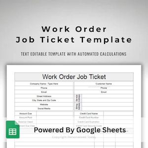 Google Sheets Work Order  - Job Service Invoice - Maintenance Service Request Form - Editable Template - Printable Download