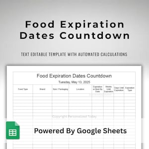 Google Sheets Food Expiration Dates Tracker Text Fillable / Text Editable Spreadsheet Form With Automated Days & Percentage Calculations